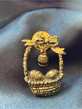 cameo Gold-Tone Easter Basket Brooch with Bow and Eggs